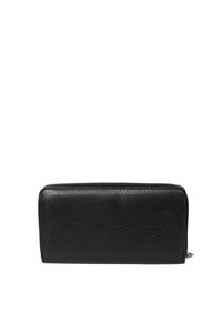Black leather wallet with a textured finish, rectangular shape, zipper closure, and minimalistic design. No visible patterns or hardware.