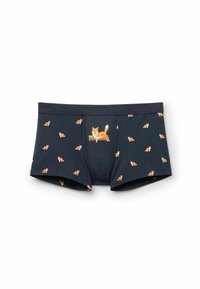 Boxer breves para hombre en azul marino oscuro con patrones de zorros naranjas. Tela de algodón suave con una cinturilla elástica y un detalle gráfico central de un zorro.