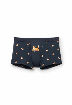 Herrebokserbriefs i mørk navy med orange rævemønstre. Blødt bomuldsstof med elastisk talje og et centralt ræv-grafikdetalje.