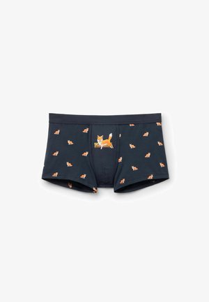 Boxer-briefs pour hommes en marine foncé avec des motifs de renards orange. Tissu en coton doux avec une taille élastique et un détail graphique central représentant un renard.