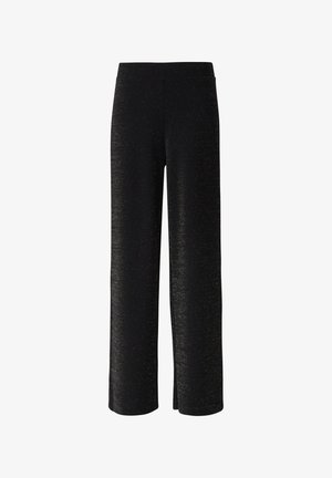 Black wide-leg pants with subtle shimmer texture, elastic waistband, and no visible pockets or closures.