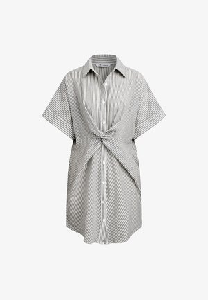 Vestito a maniche corte con bottoni, a righe verticali bianche e nere, con dettaglio annodato in vita e vestibilità comoda.