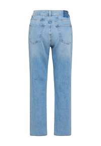 Hellblaue Jeans mit geradem Bein, von hinten gezeigt, mit zwei Gesäßtaschen und hoher Taille.