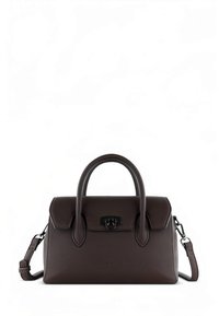 Brown leather handbag with structured shape, dual top handles, detachable strap, and metal clasp closure. Features a smooth texture and minimal branding.