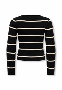 Pull noir à côtes avec des manches longues et des rayures horizontales blanches, vu de dos sur un fond blanc.