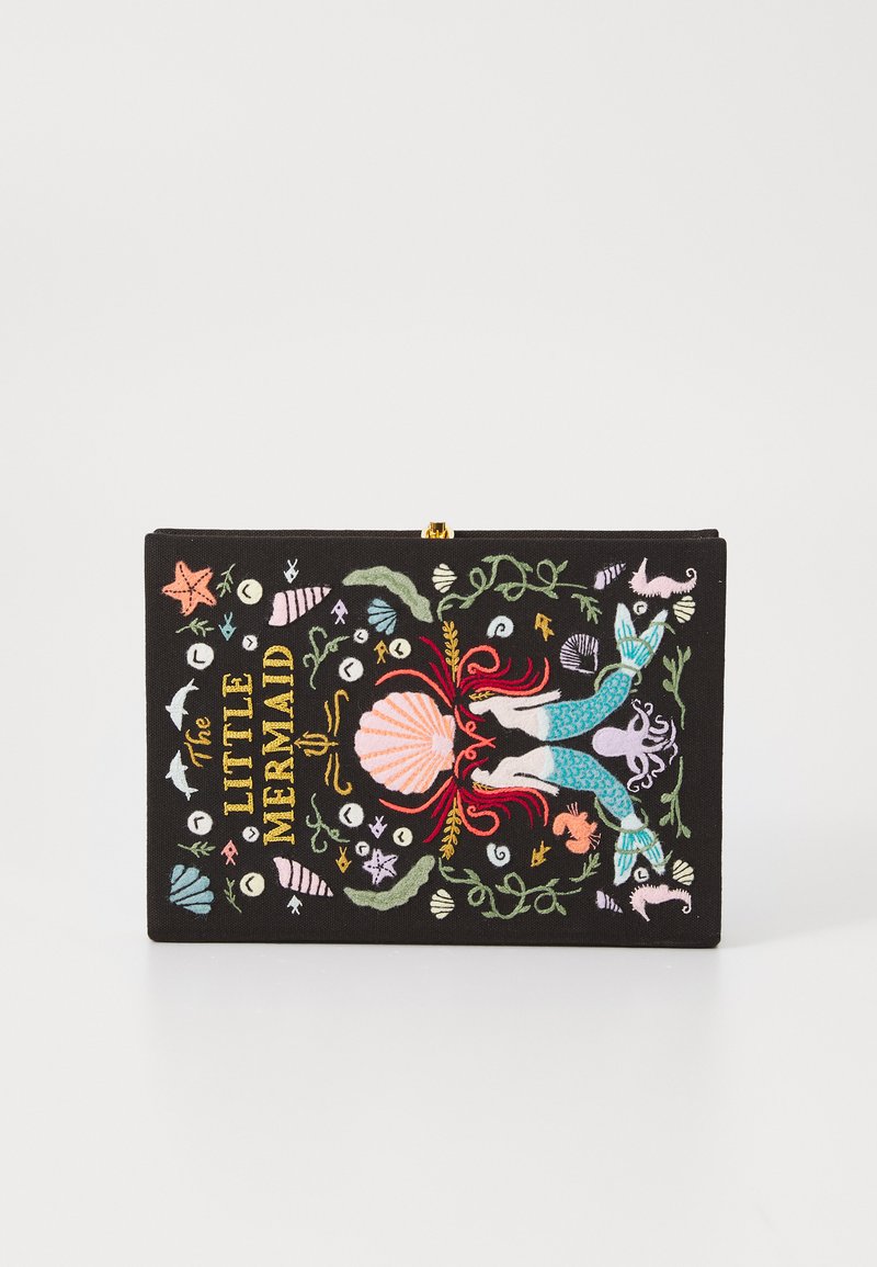 Black clutch featuring colorful embroidered design of a mermaid, seashells, and marine motifs, with gold-tone clasp and detailed patterns.