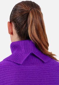 Pull à col roulé côtelé violet avec un col haut présentant un pli unique à l'arrière et une texture lisse et douce.