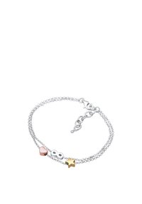 Silberne Kettenarmband mit einem pinken Herz, einem silbernen Unendlichkeitssymbol und goldenen Stern-Anhängern, mit glänzender Oberfläche und Karabinerverschluss.