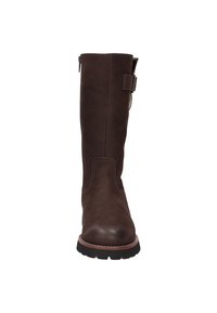 Bota de cuero marrón oscuro hasta la mitad de la pantorrilla, con punta redonda, correa de hebilla lateral, cremallera y suela de goma negra gruesa con detalle de costura.