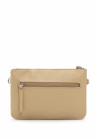 Beige leather crossbody bag with a textured surface, rectangular shape, front zipper pocket, and metal hardware accents.