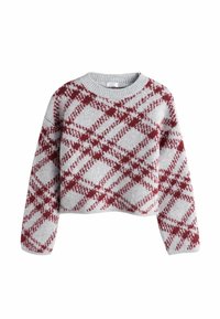 Sweter w jasnoszarym dżerseju z burgundowym wzorem w romby. Okrągły dekolt, długie rękawy, skrócony krój i ściągacz u dołu. Miękka faktura.