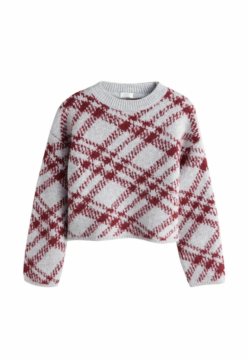 Sweter w jasnoszarym dżerseju z burgundowym wzorem w romby. Okrągły dekolt, długie rękawy, skrócony krój i ściągacz u dołu. Miękka faktura.