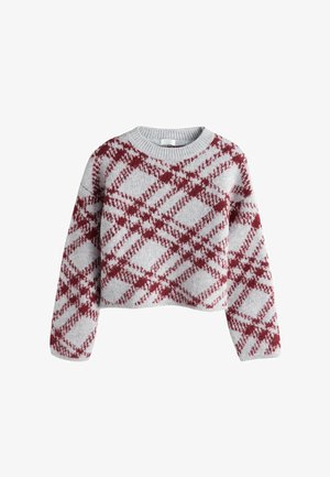 Pullover aus hellgrauem Strick mit burgunderfarbenem Rautenmuster. Rundhalsausschnitt, lange Ärmel, verkürzte Passform und gerippter Saum. Weiche Textur.