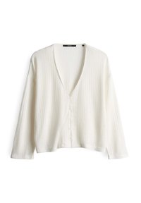 White, ribbed v-neck cardigan with long sleeves and a button front. Soft texture and relaxed fit, featuring side slits at the hem.