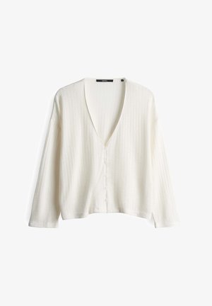 Cardigan bianco a coste con scollo a v, maniche lunghe e chiusura a bottoni. Tessuto morbido e vestibilità comoda, con spacchi laterali all'orlo.