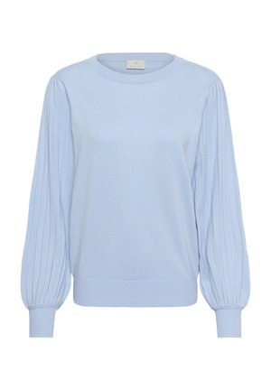Világoskék pulóver kerek nyakkivágással. Bordázott ballon ujjakkal és testhez simuló szegéllyel rendelkezik. Puha kötött anyagból készült.