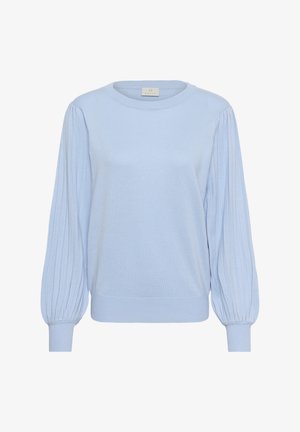 Pulover bleu deschis cu decolteu rotund. Prezintă mâneci bufante cu tiv nervurat și tiv strâns pe corp. Confecționat dintr-un material tricotat moale.