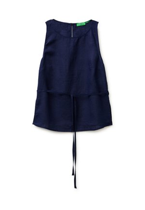 Mouwloze marineblauwe linnen top met ronde hals, verstelbare tailleband en ritssluiting aan de achterkant.