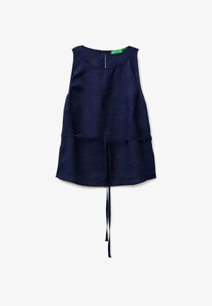 Ärmelloses marineblaues Leinenshirt mit rundem Ausschnitt, verstellbarem Taillenband und Reißverschluss hinten.