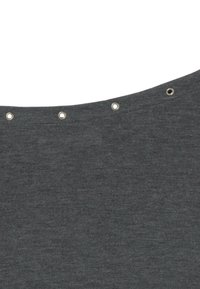 Grey fabric with a smooth texture, featuring metallic grommets along the curved neckline, designed for versatility and layering.