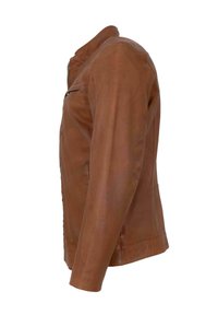 Braune Lederjacke mit glatter Textur, tailliertem Design und Stehkragen. Verfügt über einen Reißverschluss und Seitentaschen.