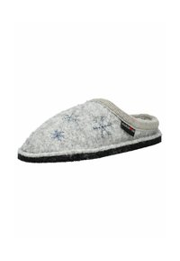 Zapatilla gris de feltro con bordado de copos de nieve en azul, punta redonda y suela de goma negra. Con borde reforzado y suave forro interior.