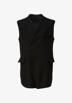 Čierna vesta bez rukávov z vlny s klopovým golierom, zapínaním na jeden gombík a dvoma prednými vreckami s okrúhlymi chlopňami.