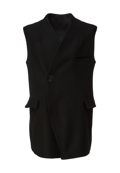 Schwarze ärmellose Weste aus Wolle mit Schalkragen, Ein-Knopf-Verschluss und zwei Fronttaschen mit abgerundeten Klappen.