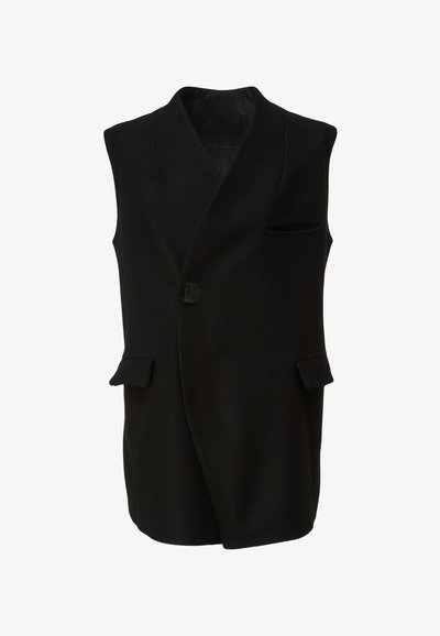 Schwarze ärmellose Weste aus Wolle mit Schalkragen, Ein-Knopf-Verschluss und zwei Fronttaschen mit abgerundeten Klappen.