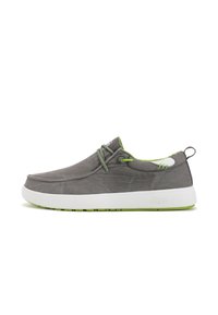 Gray fabric slip-on shoe with lime green accents, rounded toe, and white rubber sole. Features decorative lacing and pull tab at the back.