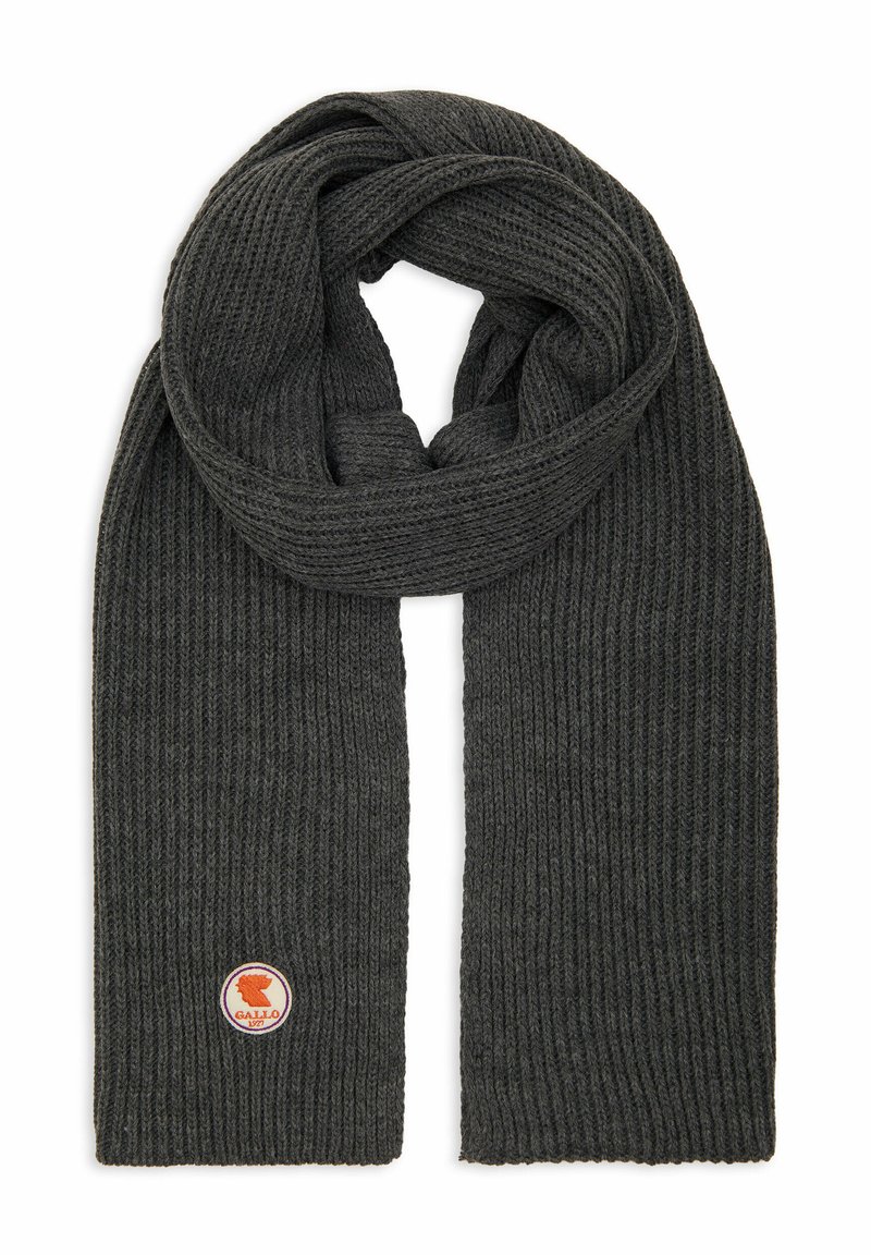 Dark gray ribbed knit scarf folded with a loop, featuring a small round patch with a red rooster logo and the text "Gallo 1921."