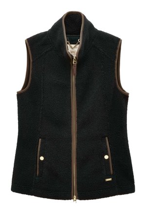 Schwarze Fleeceweste mit hohem Kragen, Frontreißverschluss und braunen Akzenten. Verfügt über zwei seitliche Taschen mit goldenen Details. Weicher Stoff.