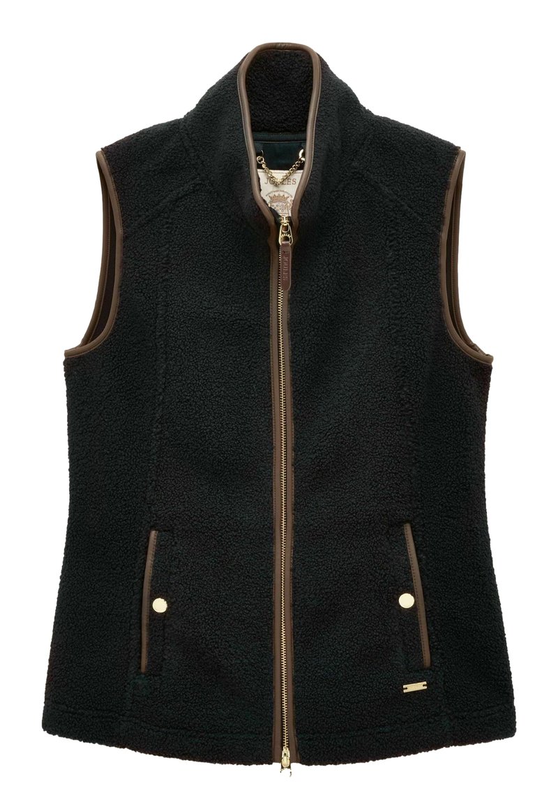 Schwarze Fleeceweste mit hohem Kragen, Frontreißverschluss und braunen Akzenten. Verfügt über zwei seitliche Taschen mit goldenen Details. Weicher Stoff.