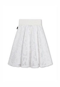 Jupe blanche avec une surface texturée et à motifs représentant des lettres. Taille élastique, forme évasée et ourlet festonné. Matériau léger.