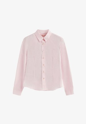 Chemise rose clair à manches longues avec col, boutonnage à l'avant, deux poches poitrine et un petit logo brodé sur le côté gauche.