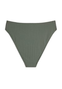 Green ribbed bikini bottom with a smooth texture, featuring a low-rise design and clean stitched edges. Classic style suitable for water activities.