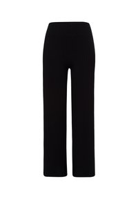 Pantaloni neri a coste con gamba larga e vita elasticizzata, caratterizzati da unaTexture morbida e taglio dritto, adatti per un look casual o rilassato.