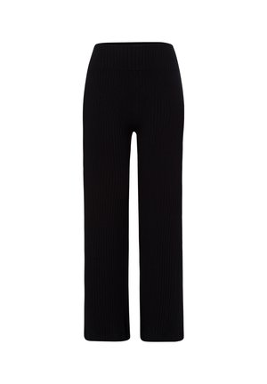 Czarne szerokie spodnie z prążkowanej tkaniny z elastycznym paskiem, charakteryzujące się miękką fakturą i prostym krojem, idealne na codzienne lub luźniejsze stylizacje.