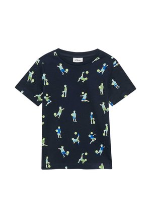 Marineblaues Kurzarmhemd mit wiederholtem Muster von Kindern, die Fußball spielen, in grünen und blauen Outfits mit gelben Bällen.