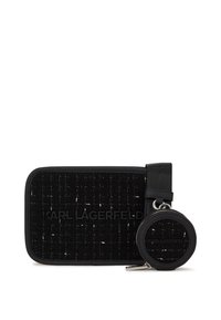 Black textile pouch with grid pattern and logo. Includes a round keychain pouch with a zipper, both featuring smooth borders and accents.