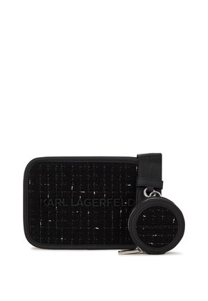 Black textile pouch with grid pattern and logo. Includes a round keychain pouch with a zipper, both featuring smooth borders and accents.