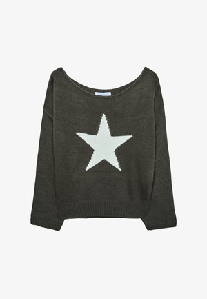 Mørkegrøn strikket sweater med bred hals, lange ærmer og et stort hvidt stjerne mønster på forsiden. Struktureret stof med ribbede manchetter.