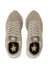 Beige suede sneakers with lace-up design, cream accents, and black insoles featuring a gold star. Soft interior lining for comfort.
