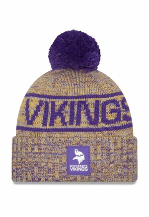 Lila und goldene Strickmütze mit einem Bommel, mit dem Schriftzug "VIKINGS" in fetter Schrift und einem Patch mit dem Logo der Minnesota Vikings.
