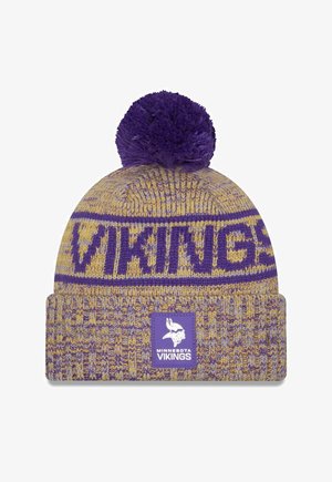 Purple and gold knit beanie with a pom-pom, featuring "VIKINGS" in bold lettering and a patch with the Minnesota Vikings logo.