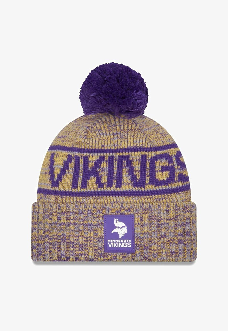 Purple and gold knit beanie with a pom-pom, featuring "VIKINGS" in bold lettering and a patch with the Minnesota Vikings logo.