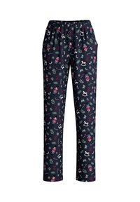 Marineblauwe pyjamabroek met een elastische tailleband, voorzien van een feestelijk, patronenontwerp van notenkrakers, dieren en feestelijke accenten.