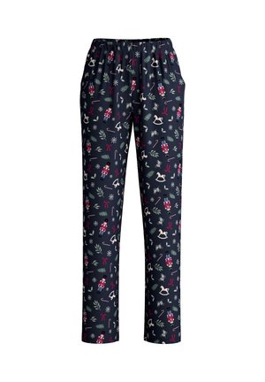 Marineblauwe pyjamabroek met een elastische tailleband, voorzien van een feestelijk, patronenontwerp van notenkrakers, dieren en feestelijke accenten.