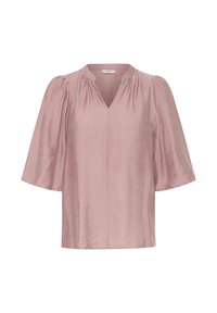 Helles rosa Bluse mit kurzen Ärmeln und V-Ausschnitt, mit gefältelten Details an den Schultern und einem glatten, leicht strukturierten Stofffinish.