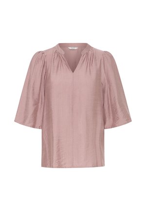Light pink short-sleeve blouse with a V-neck, pleated details at the shoulders, and a smooth, slightly textured fabric finish.